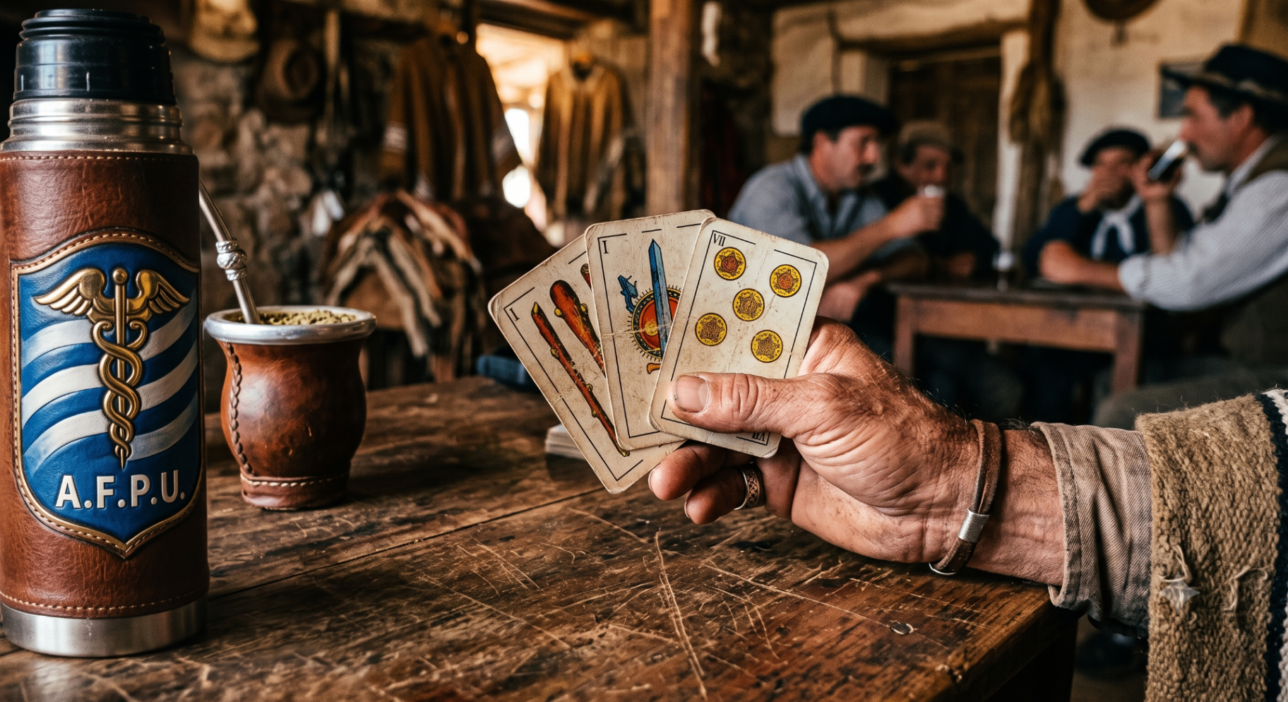 Mano gaucha sosteniendo cartas españolas junto al mate y termo A.F.P.U.