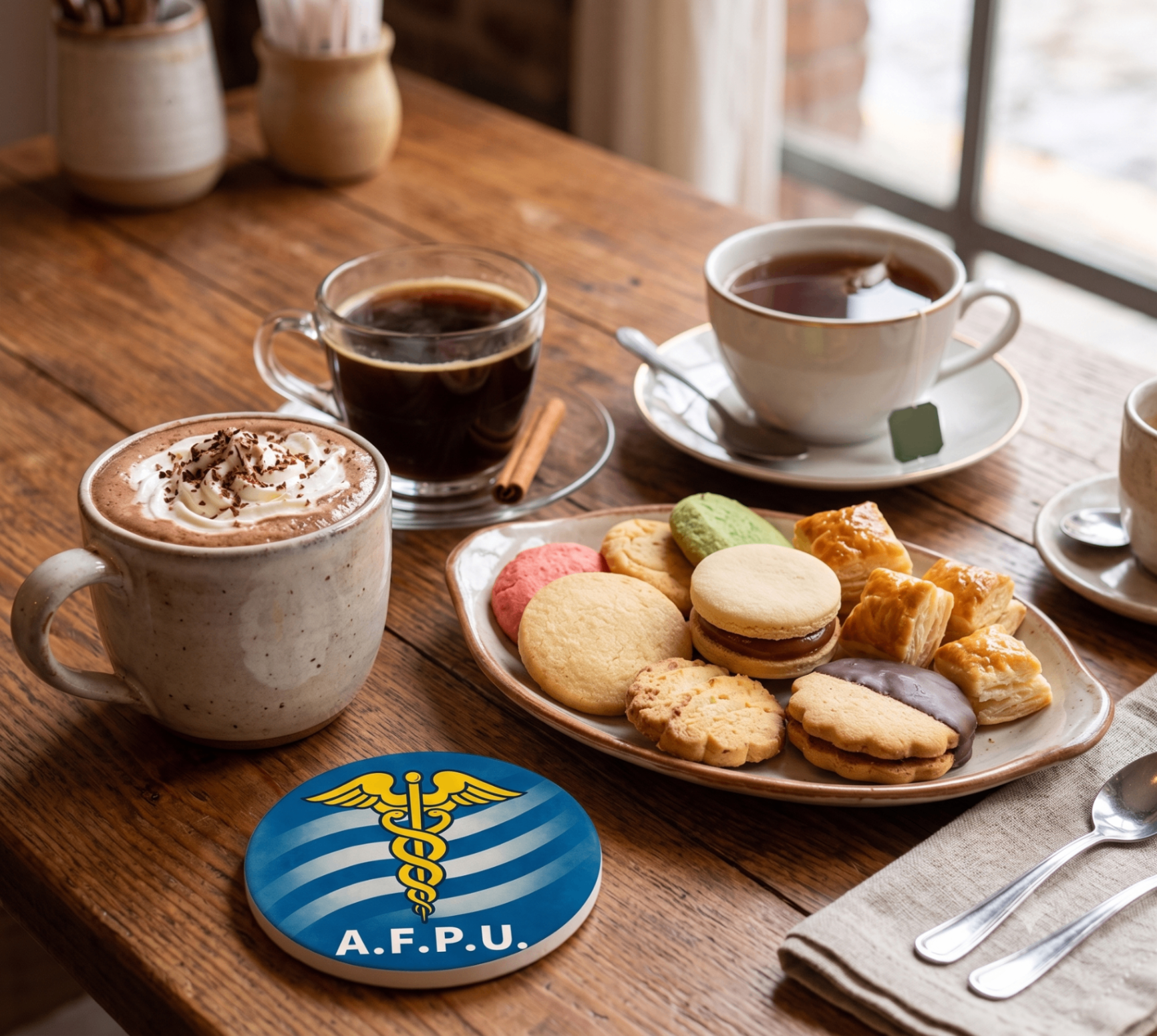 Mesa de cantina A.F.P.U. con café, chocolate caliente, té y cosas ricas para acompañar